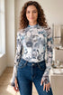 Floral Print Sheer Mesh High Neck Long Sleeve Top