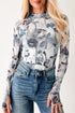 Floral Print Sheer Mesh High Neck Long Sleeve Top