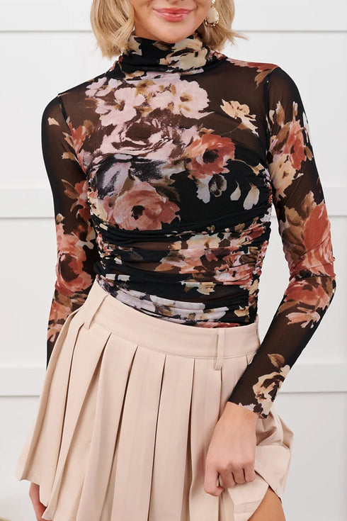 Floral Print Sheer Mesh Long Sleeve High Neck Bodysuit
