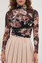 Floral Print Sheer Mesh Long Sleeve High Neck Bodysuit