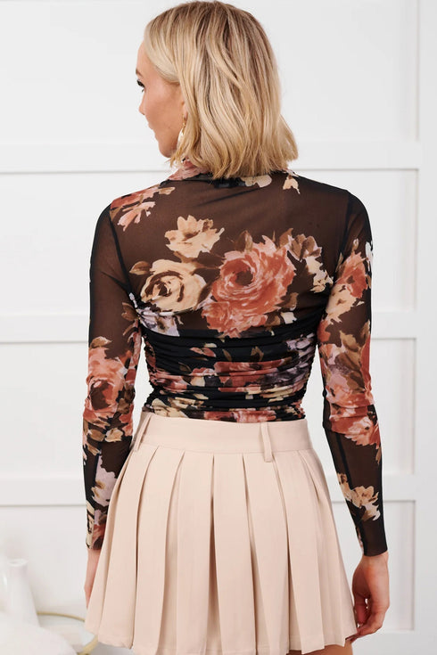 Floral Print Sheer Mesh Long Sleeve High Neck Bodysuit