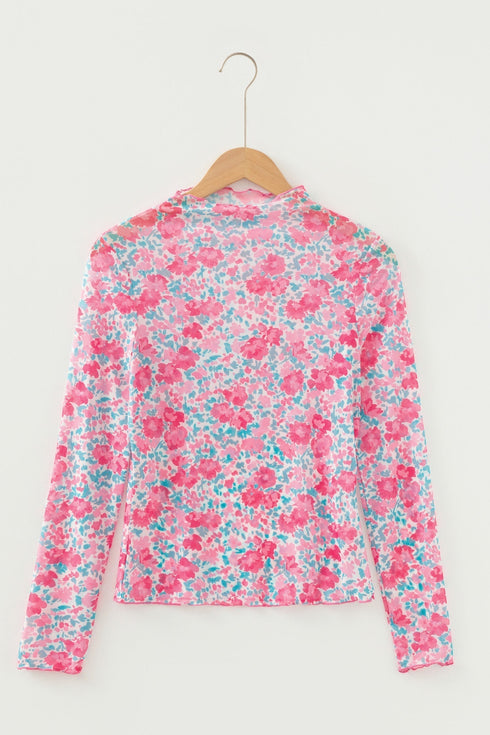 Floral Print Sheer Mesh Mock Neck Long Sleeve Top