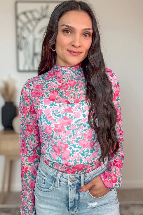 Floral Print Sheer Mesh Mock Neck Long Sleeve Top