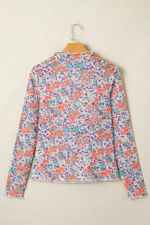 Floral Print Sheer Mesh Mock Neck Long Sleeve Top