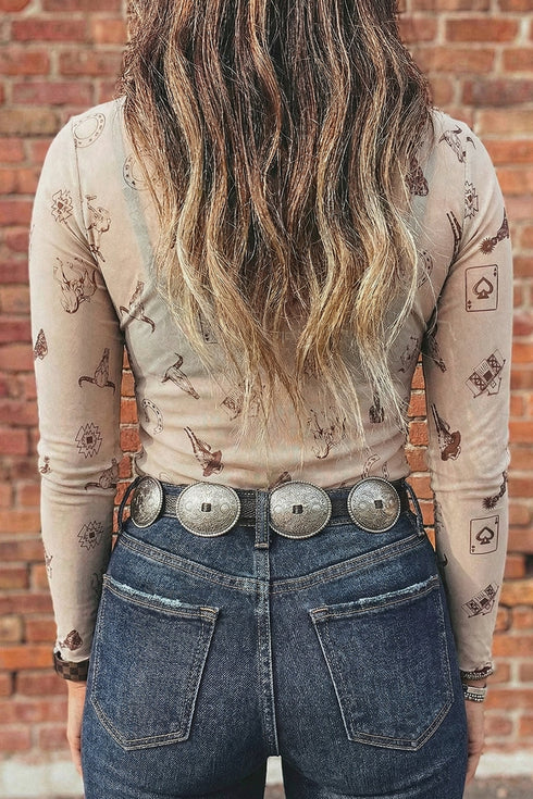 Floral Print Sheer Mesh Mock Neck Long Sleeve Top