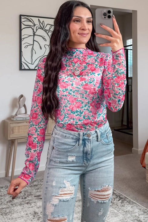 Floral Print Sheer Mesh Mock Neck Long Sleeve Top