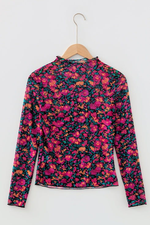 Floral Print Sheer Mesh Mock Neck Long Sleeve Top