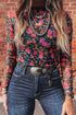 Floral Print Sheer Mesh Mock Neck Long Sleeve Top