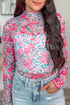 Floral Print Sheer Mesh Mock Neck Long Sleeve Top