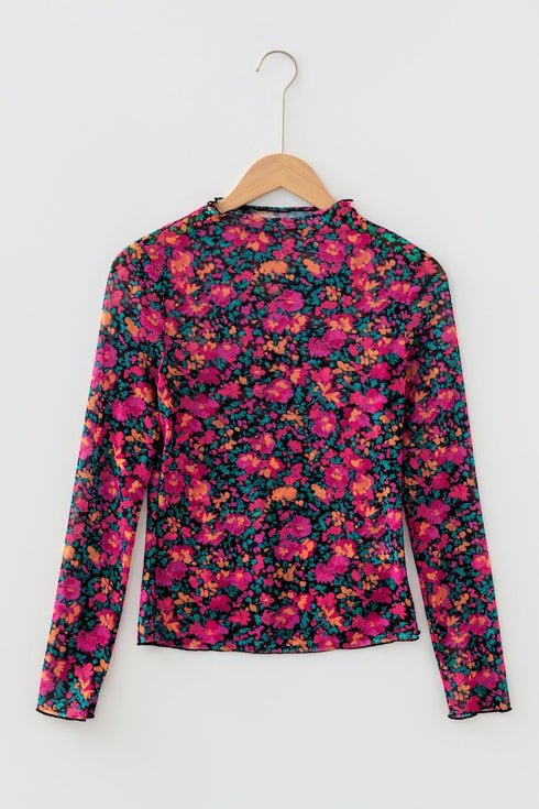 Floral Print Sheer Mesh Mock Neck Long Sleeve Top