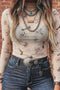 Floral Print Sheer Mesh Mock Neck Long Sleeve Top