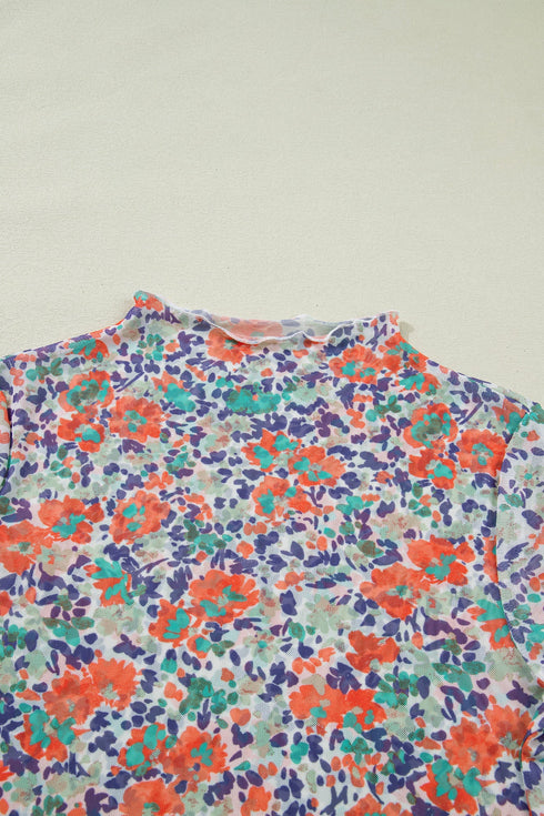 Floral Print Sheer Mesh Mock Neck Long Sleeve Top