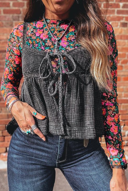 Floral Print Sheer Mesh Mock Neck Long Sleeve Top