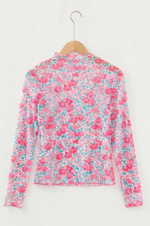 Floral Print Sheer Mesh Mock Neck Long Sleeve Top