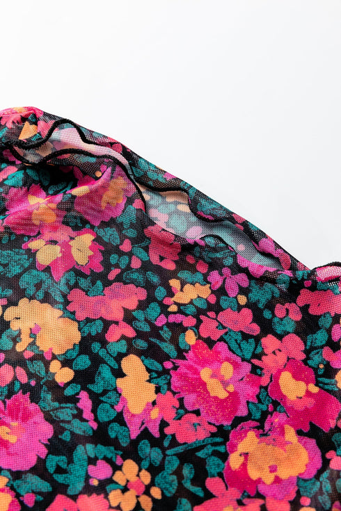 Floral Print Sheer Mesh Mock Neck Long Sleeve Top