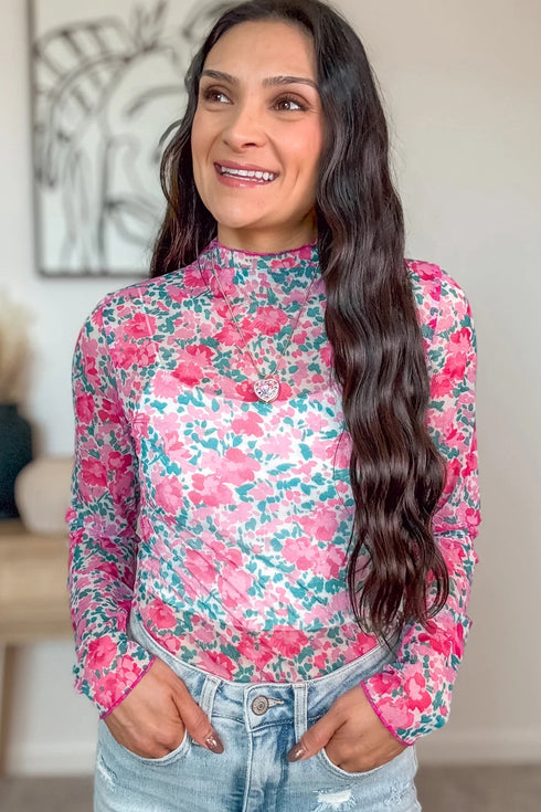 Floral Print Sheer Mesh Mock Neck Long Sleeve Top