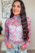 Floral Print Sheer Mesh Mock Neck Long Sleeve Top