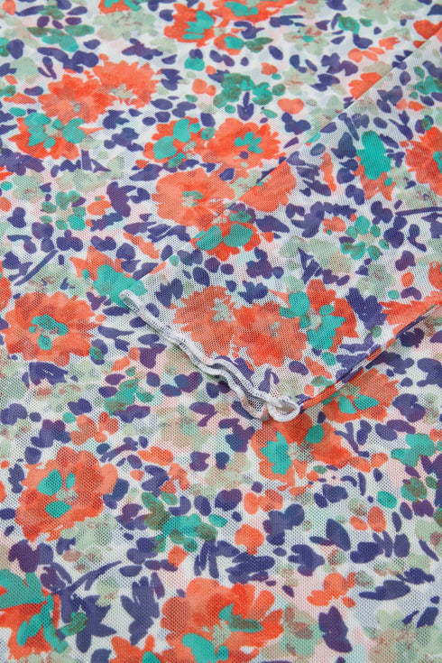 Floral Print Sheer Mesh Mock Neck Long Sleeve Top