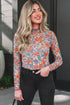 Floral Print Sheer Mesh Mock Neck Long Sleeve Top