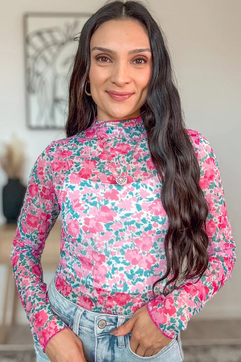 Floral Print Sheer Mesh Mock Neck Long Sleeve Top