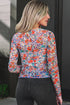 Floral Print Sheer Mesh Mock Neck Long Sleeve Top