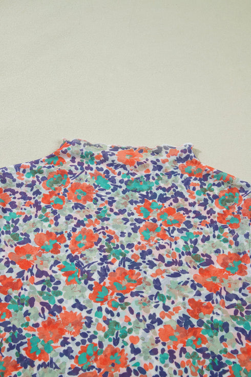 Floral Print Sheer Mesh Mock Neck Long Sleeve Top