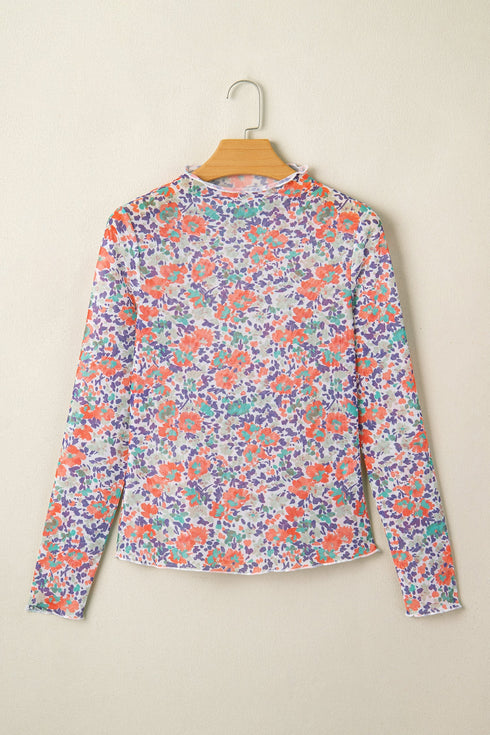 Floral Print Sheer Mesh Mock Neck Long Sleeve Top
