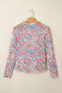 Floral Print Sheer Mesh Mock Neck Long Sleeve Top