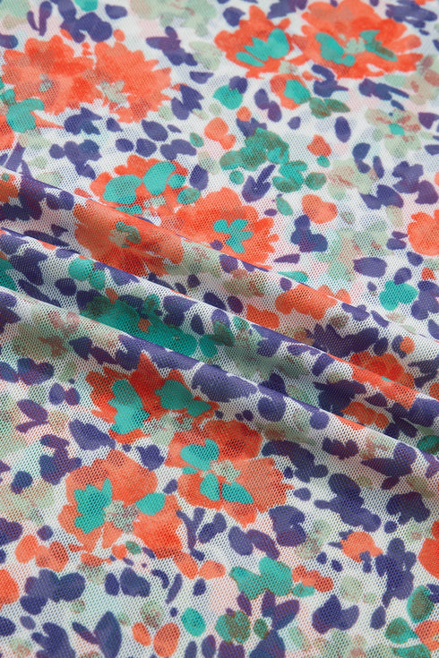 Floral Print Sheer Mesh Mock Neck Long Sleeve Top