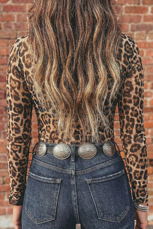 Floral Print Sheer Mesh Mock Neck Long Sleeve Top
