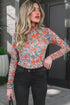 Floral Print Sheer Mesh Mock Neck Long Sleeve Top
