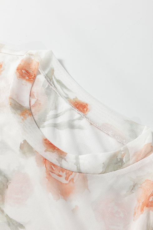 Floral Print Sheer Mesh Round Neck Long Sleeve Top