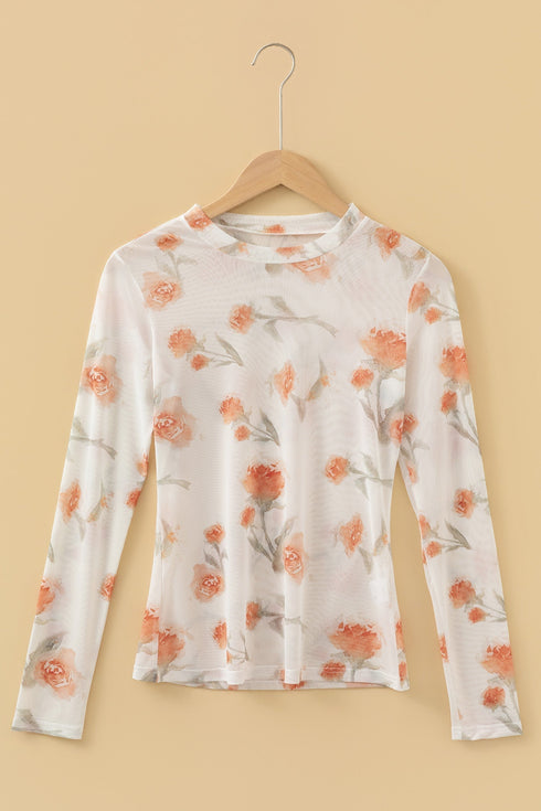 Floral Print Sheer Mesh Round Neck Long Sleeve Top