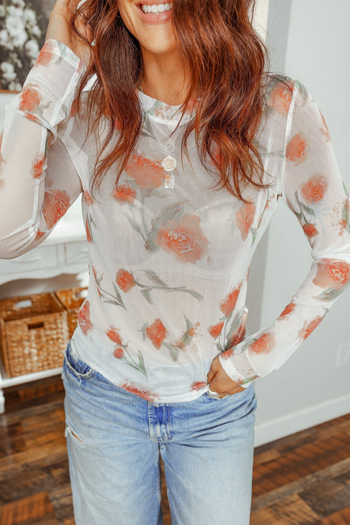 Floral Print Sheer Mesh Round Neck Long Sleeve Top