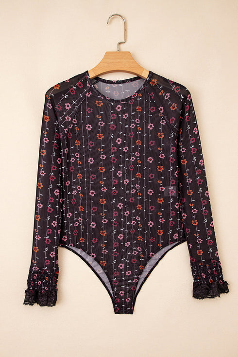 Floral Print Sheer Mesh Smocked Cuff Slim Fit Bodysuit