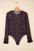 Floral Print Sheer Mesh Smocked Cuff Slim Fit Bodysuit