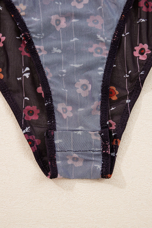 Floral Print Sheer Mesh Smocked Cuff Slim Fit Bodysuit