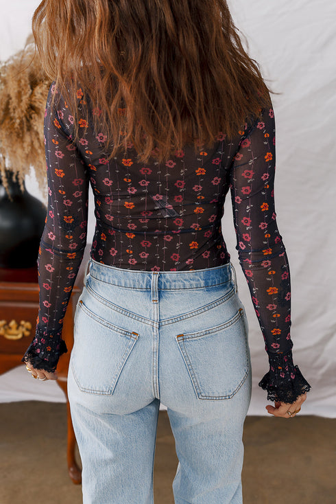 Floral Print Sheer Mesh Smocked Cuff Slim Fit Bodysuit