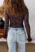 Floral Print Sheer Mesh Smocked Cuff Slim Fit Bodysuit