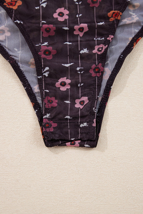 Floral Print Sheer Mesh Smocked Cuff Slim Fit Bodysuit
