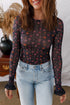 Floral Print Sheer Mesh Smocked Cuff Slim Fit Bodysuit