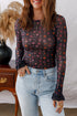 Floral Print Sheer Mesh Smocked Cuff Slim Fit Bodysuit