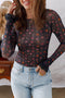 Floral Print Sheer Mesh Smocked Cuff Slim Fit Bodysuit