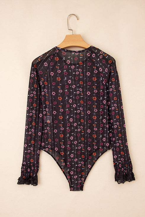 Floral Print Sheer Mesh Smocked Cuff Slim Fit Bodysuit