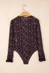 Floral Print Sheer Mesh Smocked Cuff Slim Fit Bodysuit