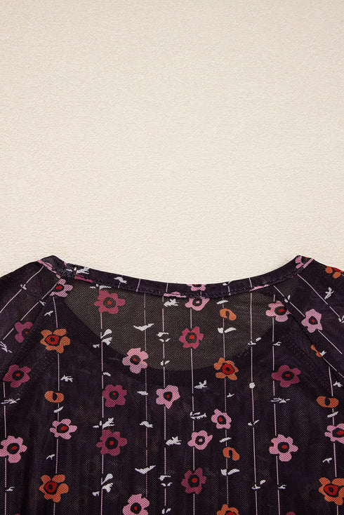 Floral Print Sheer Mesh Smocked Cuff Slim Fit Bodysuit