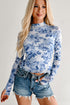 Floral Print Sheer Mesh Stand Neck Long Sleeve Top