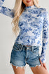 Floral Print Sheer Mesh Stand Neck Long Sleeve Top