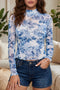Floral Print Sheer Mesh Stand Neck Long Sleeve Top