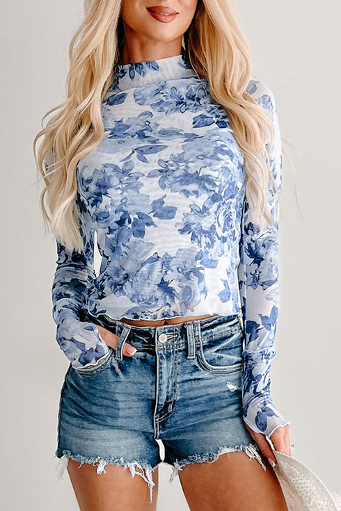 Floral Print Sheer Mesh Stand Neck Long Sleeve Top